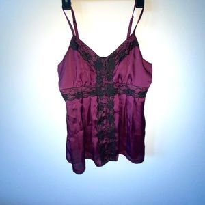 Dark purple, button down , spaghetti string top, with black lace trimming
